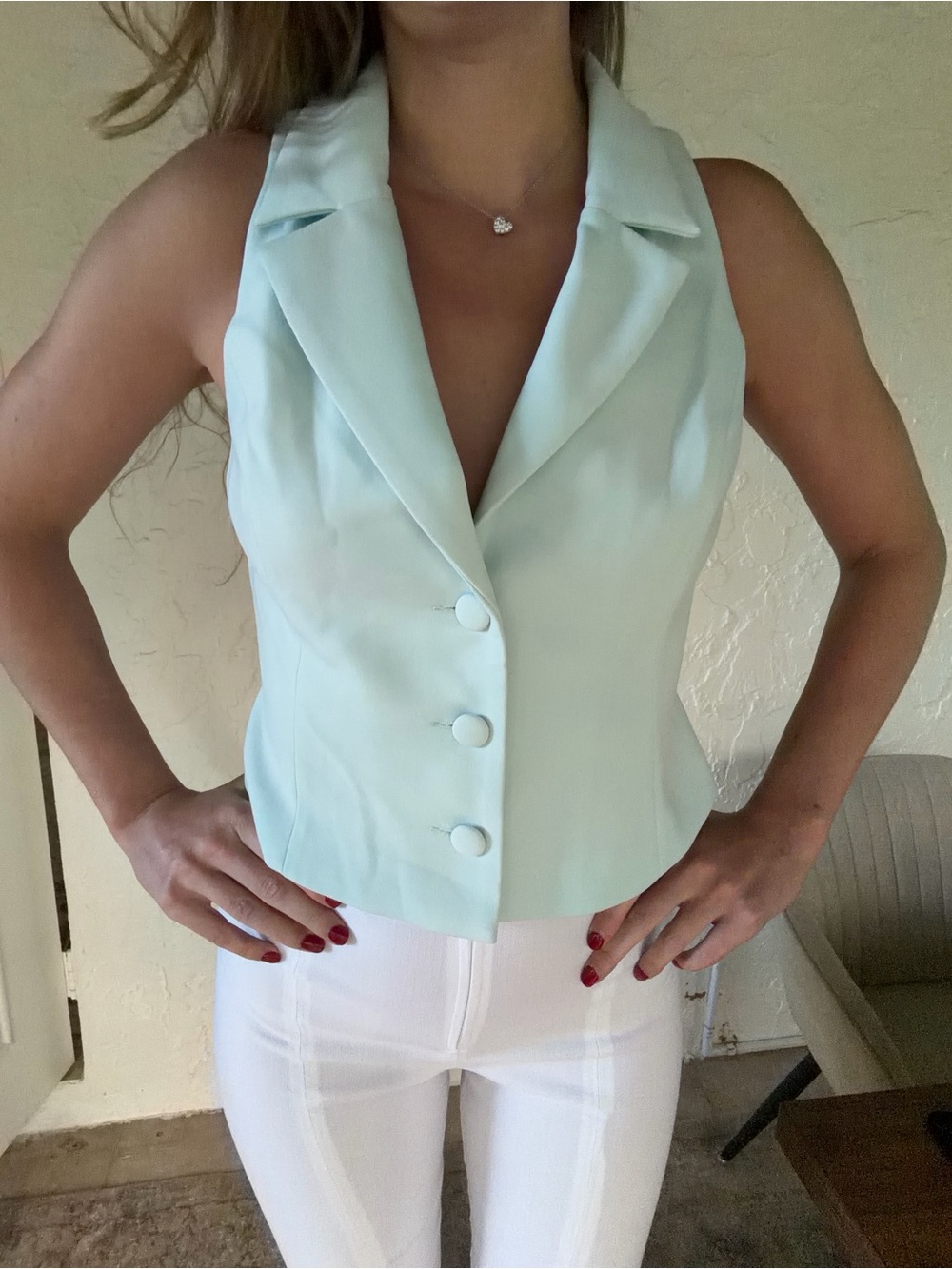 Meshki Ice Blue Sleeveless Collared Vest Top